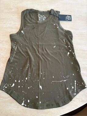 Chaser Olive Green Distressed Tank with White Paint Splatters